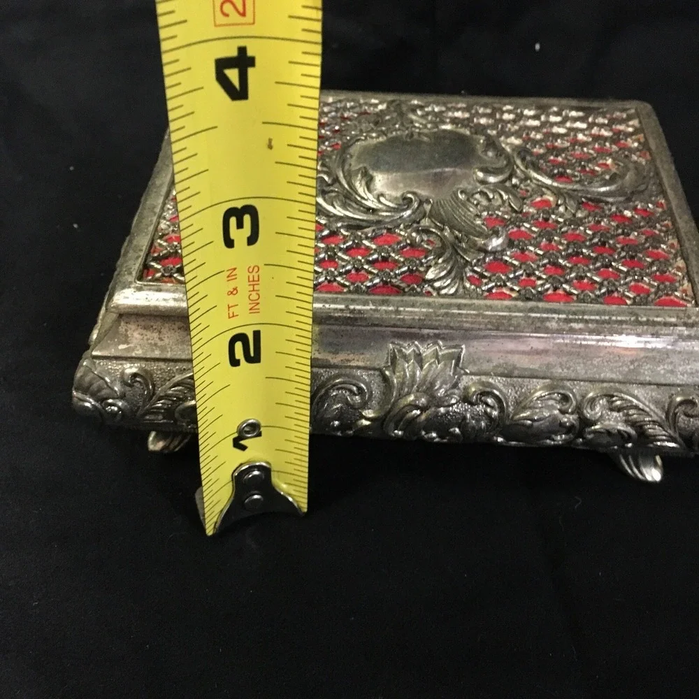 VTG Footed Metal Jewelry Trinket Box Silver Tone Filigree Red Velvet Lined Japan